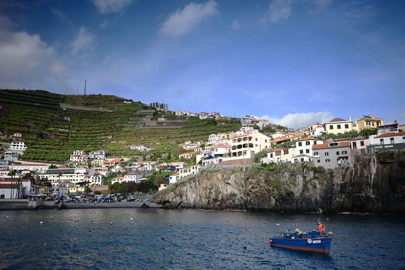 Small fishing boat in a Madeira harbor below white houses and steep terraced hillsides